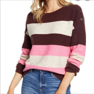 Caslon Nordstrom Brown Pink Striped Shoulder Button Long Sleeve Top Plus Size 3X